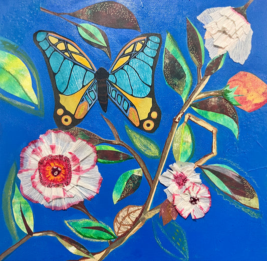 Butterfly & White Flowers Mixed Media Collage