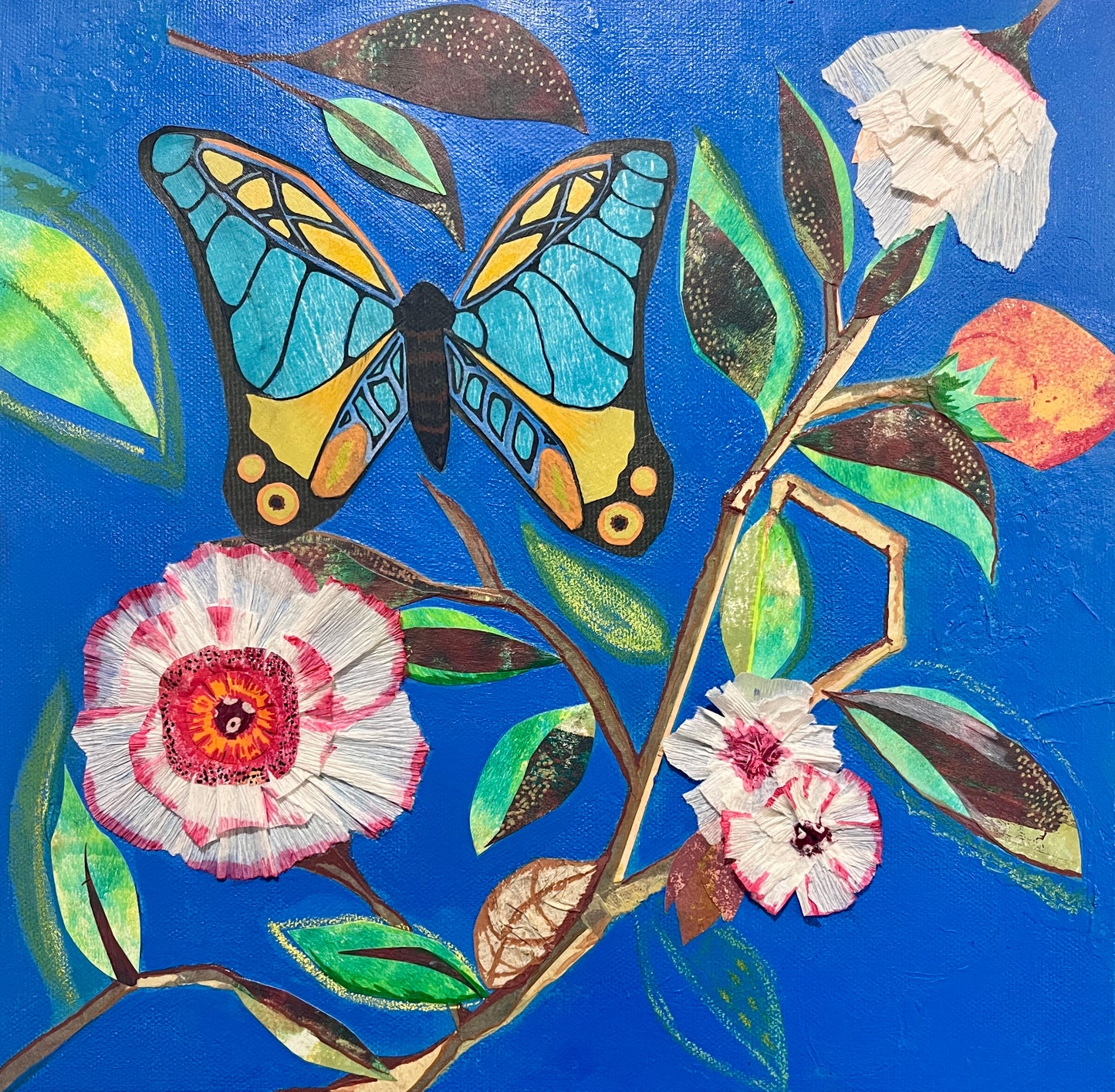 Butterfly & White Flowers Mixed Media Collage