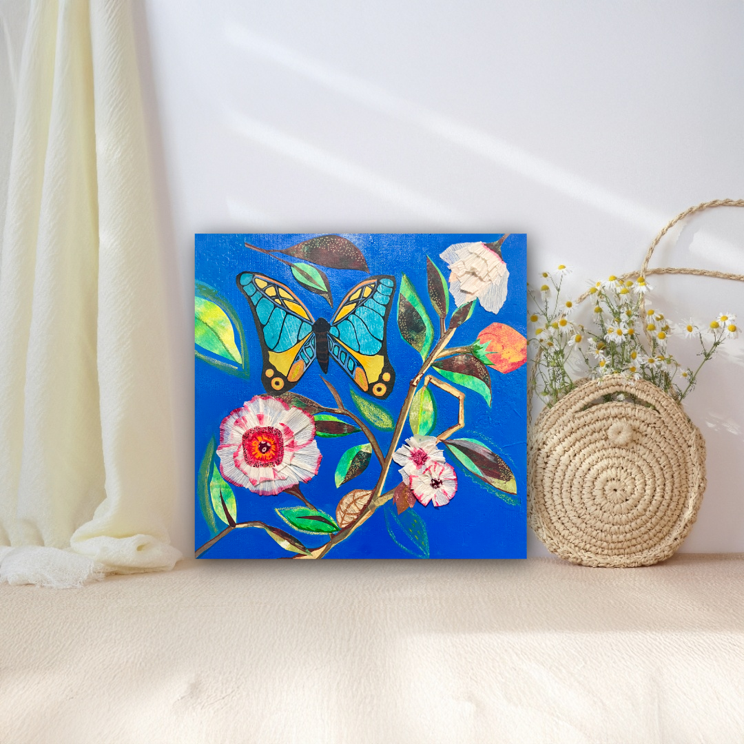 Butterfly & White Flowers Mixed Media Collage